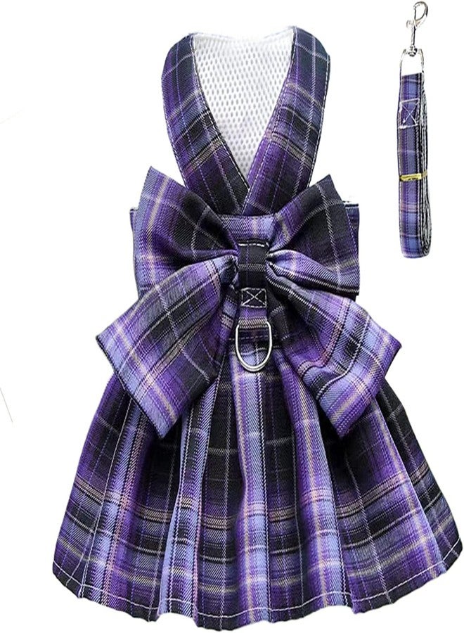 KUTKUT polycotton Plaid Dog Dress Bow Tie Harness Leash Set Harness Dress for Small Dogs,Puppy,D Ring Outfits for Small Dogs Skirt Doggy Puppies Harness Vest Outdoor (L,Adjustable Bust:45cm),1 count - Image 1